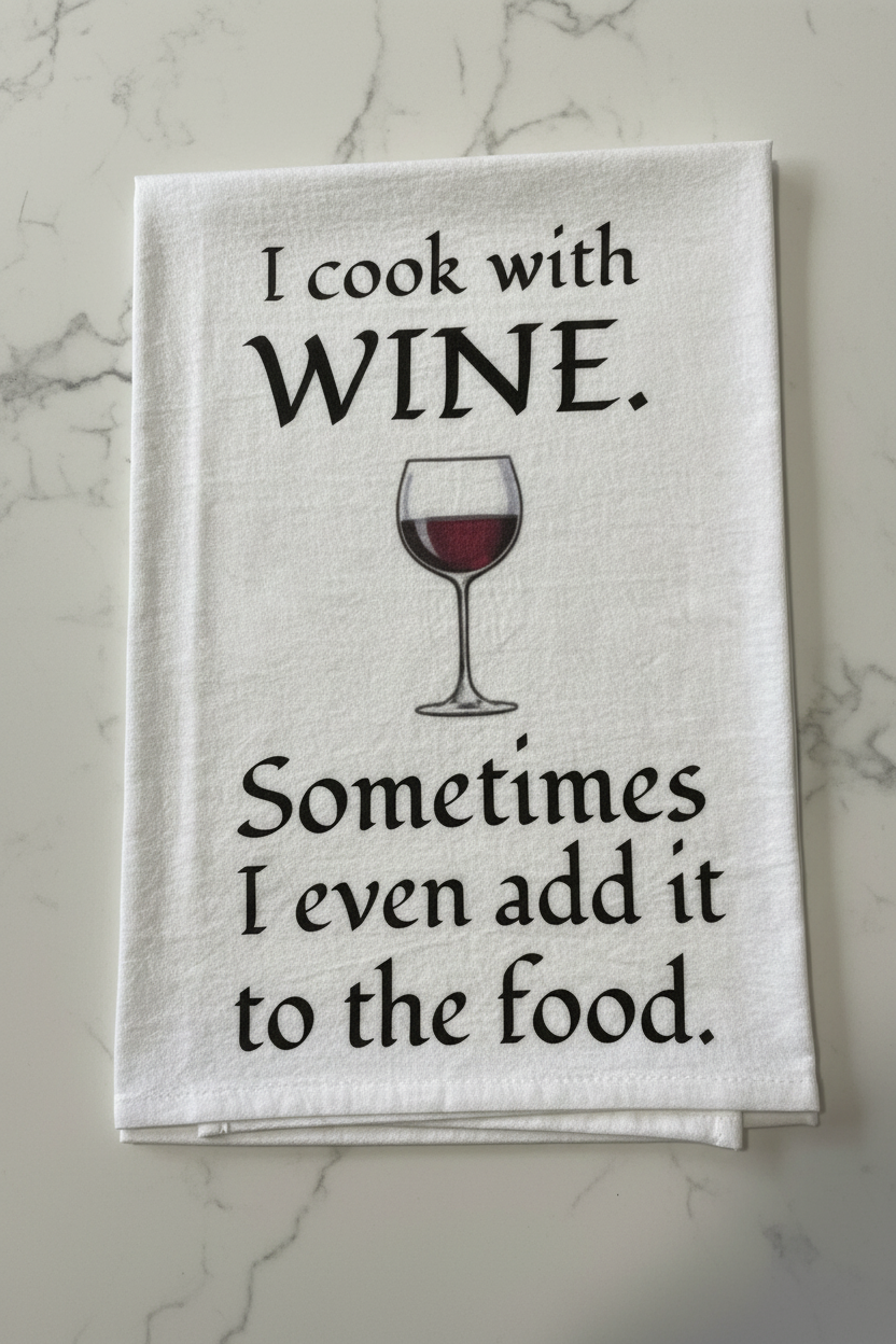 White kitchen towel with I Cook With Wine text and red wine glass illustration on a marble countertop